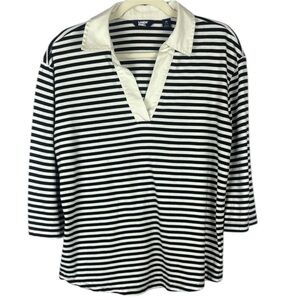 Lands' End Super T Collared Popover 3/4 Sleeve Pale Petal Even Stripe Top Size M
